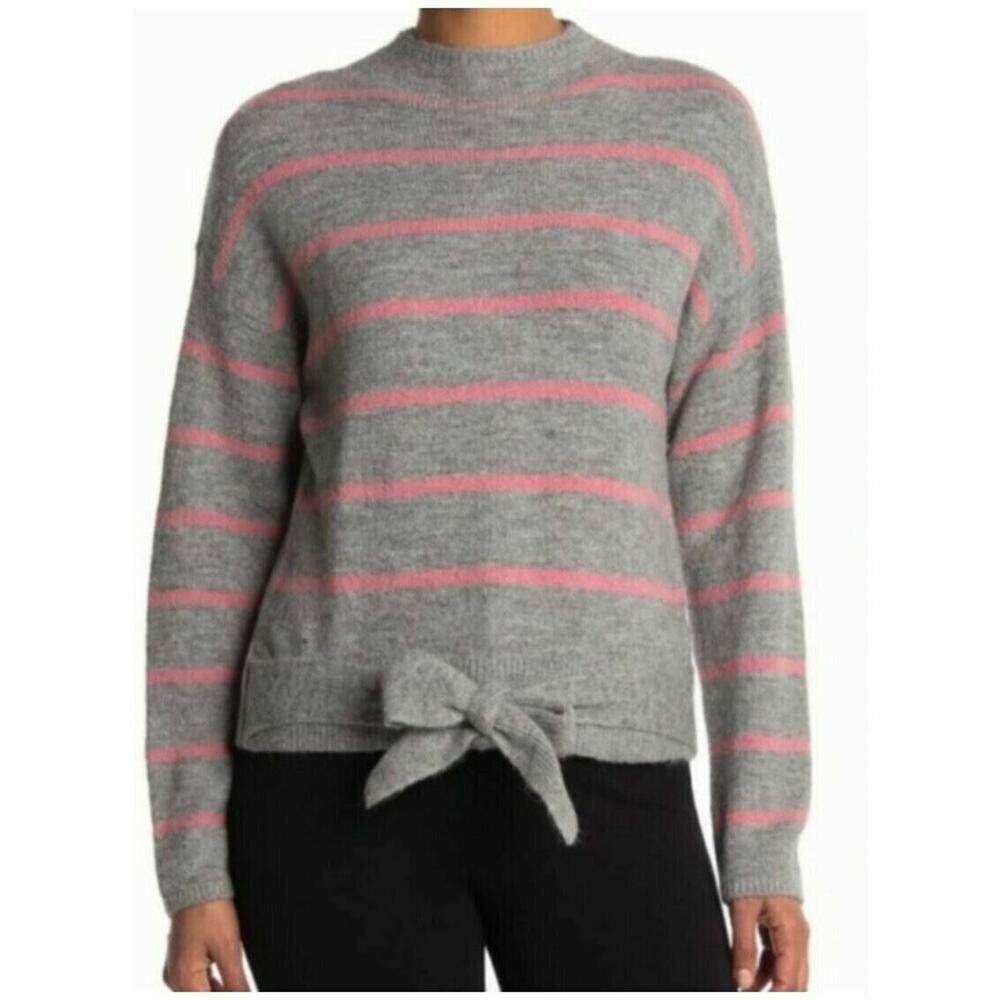 Wayf Grey Pink Stripe Tie Front Waist Mock Neck Pullover Sweater MEDIUM NEW